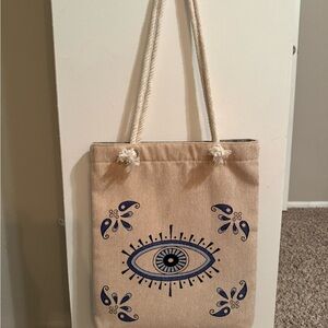 Beige Canvas Tote Bag with Eye Design
